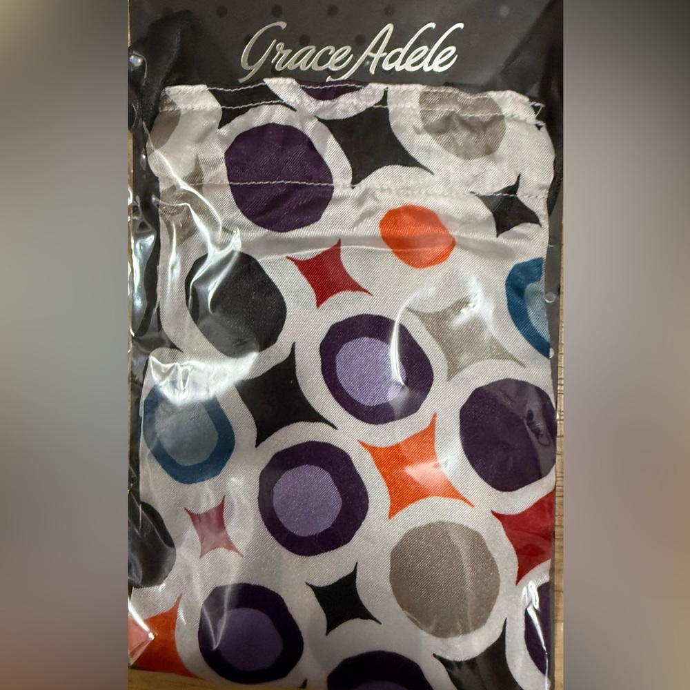 Grace Adele Colorful Geometric purse scarf in pouch.